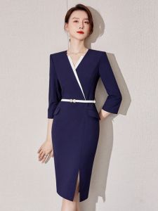 Elegant Spring Work Commute Womens Dress Waist Cinched Split Skirt Professional Fashionable Mid-Length Polyester Blend
