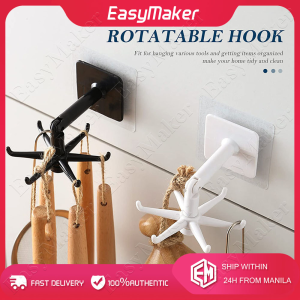 360 Rotating Folding Hook Multi-purpose Hanging Utensil Holder Hook 180 Degrees Vertical Flip Self-Adhesive Hook Utensil Rack with 6 Hooks for Kitchen Bathroom Cabinet Towel