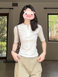 BINKAFENNY | เสื้อยืดคอวีแขนสั้นผ่าหน้าดีไซน์เก๋ไก๋สำหรับผู้หญิงในช่วงฤดูร้อน เสื้อแขนยาวปานกลางทรงเข้ารูปสไตล์ฝรั่งเศส