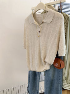 Áo Thun Polo Dệt Kim Tay Ngắn Mùa Hè Cho Nữ Ice Silk Cổ Polo Tay Lửng Dáng Ôm Vừa Vặn Thường Ngày Màu Trơn