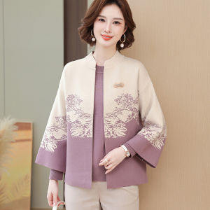 New Fashionable Mommy Coat Spring Autumn Short Knitted Womens Two-Piece Set Top Cardigan for Middle-Aged And Elderly Women