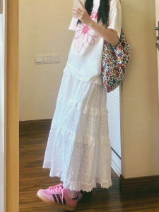 White High Waist A-Line Midi Skirt for plus Size Women Summer New Style Hook Embroidery Design Slimming Cake Skirt Female Fashion