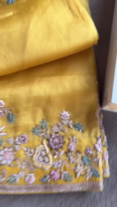 [PRO ORDER] Haldi Special   Rimzim Chiffon  Silk Saree FABRIC:-  Rimzim Chiffon   WORK:-Heavy Embroidery with piping border  (Normal / Ready To Wear Saree) ~ Delivery Lead Time : 10 days