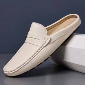 Summer Slip-on Loafers Soft Leather Slippers High Quality Flats Male Walking Shoes Casual Loafers Half Shoes for Men Lazy Shoe