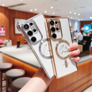 For Samsung Galaxy S24 Ultra S23 FE S22 S21 Plus Plating Love Heart For Magsafe Clear Case Soft Silicone Wireless Charging Phone Cover