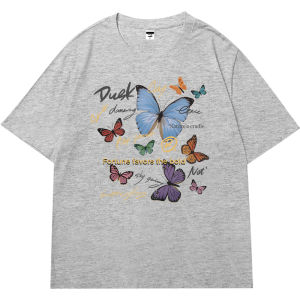 Summer Cotton T-Shirt Womens Loose Short Sleeve Retro American Butterfly Print Comfortable Korean Style Fashionable Top