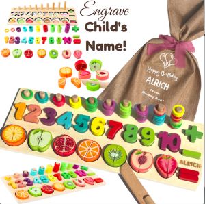 FREE GIFT BAG! Personalized Wooden Counting Number Fruit Shape Cutting Board Learning Educational Cognitive Matching for Kids Toddler Children Stacking Sorting Puzzle STEM Motor Skills Toys Christmas Gift Sack Birthday Giveaways Party Engrave Loot Bag