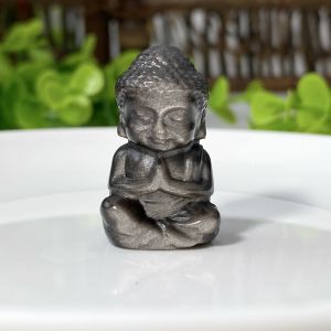 1PC Silver Obsidian Sitting Buddha Crystal CarvingJewelry Making And Decorative StoneGiftScene DecorationDIY Ornaments