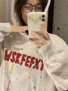 เสื้อสเวตเตอร์คอกลมแขนยาวผ้าฝ้ายแท้หนาสำหรับผู้หญิง ฤดูใบไม้ร่วง/ฤดูหนาว สีน้ำเงิน ทรงหลวม ฮู้ด แฟชั่นสตรีท สไตล์อเมริกัน