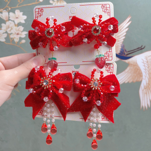 2pcs Girls Chinese Cute Hanfu Headdress Bow Hair Clip Wig Braid Hairpin Side Clip Hair Accessories For Spring Festival New Year