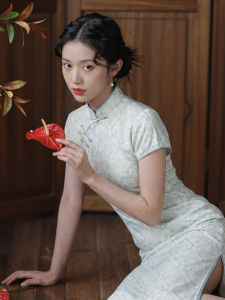 Vintage Chinese Style Qipao Dress Light Blue Stand Collar