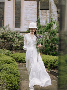 Elegant V-Neck Long Dress Feminine Beachside Sensation Soft Cotton Blend High-Waisted A-Line Gown Perfect for Summer Days