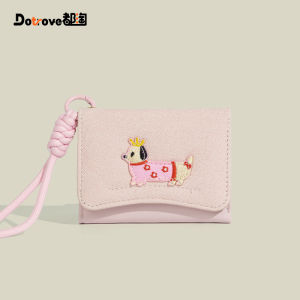 Cute Sausage Dog Short Wallet Womens High-End Feeling Multi-Card Slot Coin Purse Anti-Loss Lanyard Student ID Card Holder