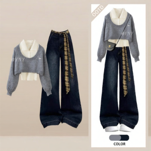 YINGKETUO | Vintage Lazy Style Layered Knitted Sweater Set with Blue Jeans