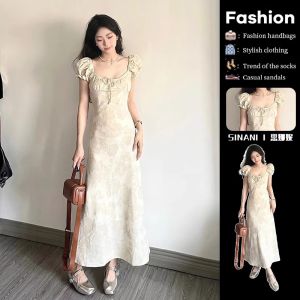 Sinani Womens Summer Chic French Style Bubble Sleeve Dress High Waist A-Line Skirt with Short Sleeve and Printed Pattern