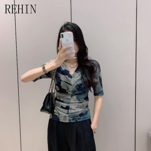 REHIN Women‘s top Summer new fashion printed V-neck pleated mesh rhinestone short-sleevedshirt floral eleganr blouse