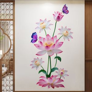 Blooming Pink Lotus Wall Sticker Living Room Entrance Sofa Background Wall Dining Room Wall Decoration Stickers Self-Adhesive