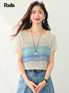 puella | Striped Lace-Up Short Sleeve Knit Top Loose Fitting Slim