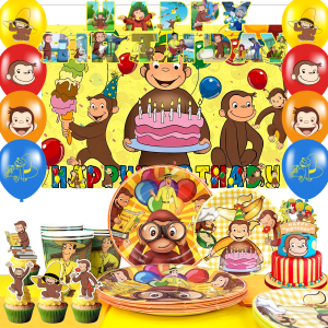Miniso | 110 Pcs George Monkey Party Decorations & Tableware - George Monkey Banner Balloons Plates Etc George Monkey Birthday Decoration