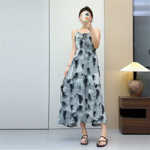 High Waist Sleeveless Womens Dress Halter Neck Gown Korean Style Slim Fit Sumi Painting A-Line Skirt Polyester Fabric