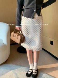 Artistic Style Retro Polka Dot Silk Half Skirt Bodycon Skirt Midi Length Natural Waist Straight Cut Commuter Pattern