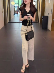 Shalldoer | Korean Style Womens Summer Casual Outfit Short Sleeve Straight Leg Pants Two-Piece Set Pure Color V-Neck Knitwear