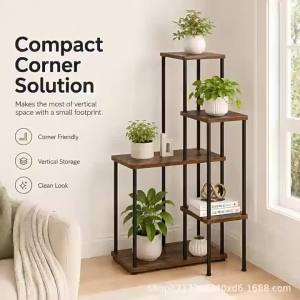 Industrial Rustic Wood 5-Tier Plant Stand Metal Pipe Ladder Shelf Floor-Standing Flower Pot Rack for Patio Balcony Living Ro