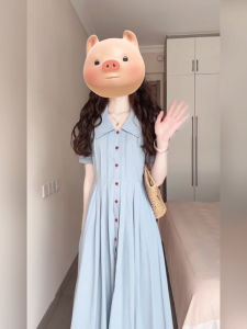 Xzy Plus Size Ladies French Style Work Clothing Turn-down Collar Blue Shirt Dress Womens Summer Puff Sleeves Waist-Slimming Long Dress