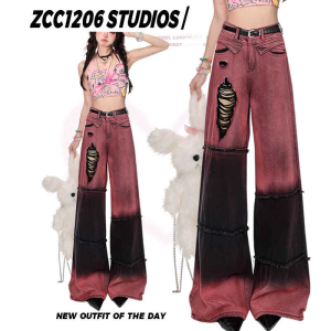 Mỹ Y2k /năm 2000 Retro Phá Cách Chắp Vá Lỗ Nhuộm Cà Vạt Nữ Rộng Rãi Chân Ống Rộng Thẳng Quần Jean Đường Phố Cao Cấp Gợi Cảm Quần Dài