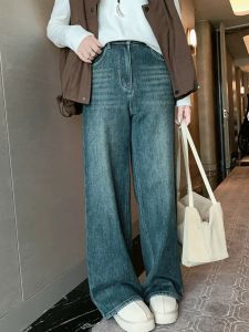 Warm Fleece-Lined Straight Leg Jeans High Waist Denim Pants Womens Casual Winter Trousers Thin Film Cotton High Elasticity