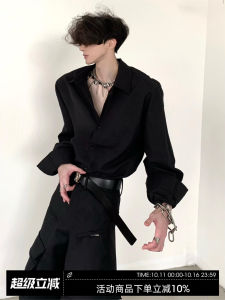 Elegant Long Sleeve Black Shirt Mens Handmade Unique Style Youthful Trendy Loose Fit Versatile Drapey Fabric Four Seasons