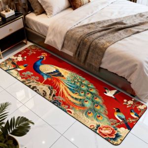 VIKAMA Red Peacock Floral Runner Rug Non Slip Oriental Bird Print Bedside Carpet Bedroom Hallway Decor Floor Mat
