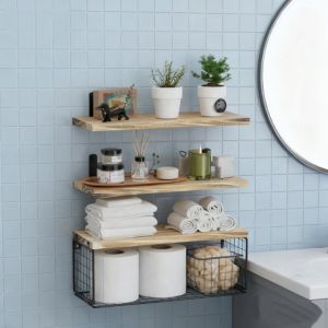3PC Wooden colored wall mounted storage rack Suitable for multiple scenarios such as bathrooms