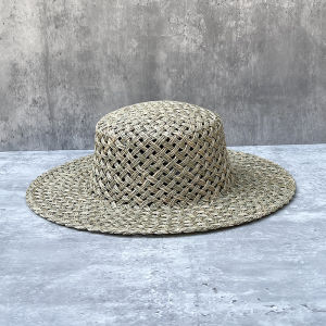 Summer New Large Brim Straw Hat Woven Sea Grass Flat Top Outdoor Travel Sun Protection Beach Sunshade Womens Hat Spring Season