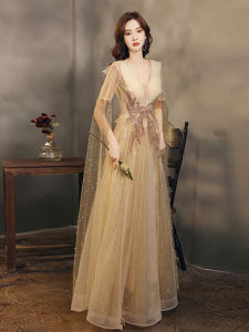 ชุดราตรีสีชมพูทองระดับไฮเอนด์สำหรับผู้หญิง ชุดราตรียาวสีทองแดงหรูหรา ชุดราตรียาว ชุดราตรียาว ชุดการแสดง