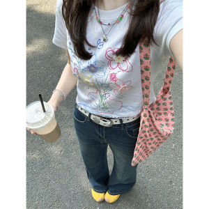 XIANGBAIWEI | Floral Print Design Fitted Short Sleeve T-Shirt