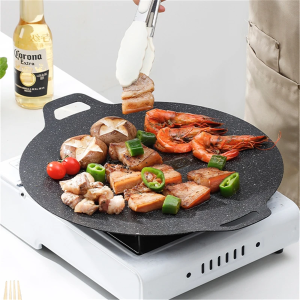 Grill Pan Korean Round Non-Stick Barbecue Plate Outdoor Travel Camping Frying Pan Thickened Korean Non-Stick Barbecue Tray Bbq Outdoor Camping Smokeless Stove Barbecue Tray Barbecue Accessories