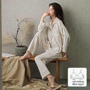 Bộ đồ ngủ nữ MiiOW vải cotton dài tay có đệm ngực rộng rãi