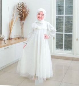 Stelan Gamis Anak Perempuan Warna Putih1-13 Tahun Baju Manasik Haji Anak Tk Brukat Tille Dot Terbaru
