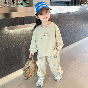 แขนยาวเด็กผู้หญิง ลำลอง ชุดสองชิ้น ผ้าฝ้าย เสื้อสเว็ตเชิ้ต กางเกงวอร์ม คอลเลกชันฤดูใบไม้ร่วง สไตล์เหนือศีรษะคอกลมใส่สบาย