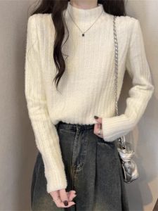 WANGGONGZHU | Womens Thickened Half-High Collar Knitted Sweater Autumn Winter Inner Wear Simple Style Princess Style Long Sleeve Slim Fit