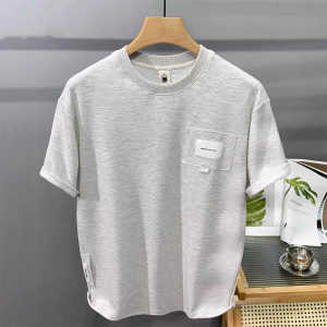 Pure Color Texture Mens Short Sleeve T-Shirt Casual American Style Summer Top Breathable Polyester Fiber round Neck Tee