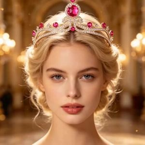Luxury-Lite Rose-Pink Sapphire Crown with Golden Rhinestone Tiara for Brides Photo Shoot Accessories for Little Girls Birthday