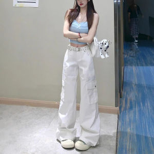 กางเกงทำงานขาบานสีขาวทรงหลวมสำหรับผู้หญิง กางเกงขายาวทรงตรงเอวสูง ผ้าเดนิม ทรงหลวม สไตล์อเมริกัน ทรงสลิมฟิต