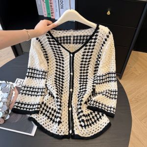 AIYITI | Elegant Hollow Out Knitted Jacket Womens Plus Size Beautiful Long Sleeve Sweater Top For Autumn Season Soft V-Neck Regular Fit