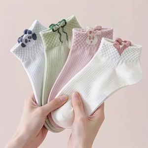 Dreamlikelin 5pairs Spring Summer Women Short Socks Cute Cartoon Animal Rabbit Bear Panda Print Thin Girls Ankle Socks
