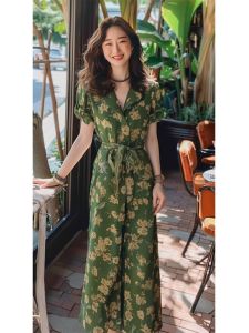 ชุดเดรสยาวลายดอกไม้สีเขียวเข้ม HARSIDE ชุดเดรสยาวผู้หญิงฤดูร้อน ชุดเดรสยาวคอวีแขนสั้น ชุดเดรสยาวผู้หญิงสไตล์จีน