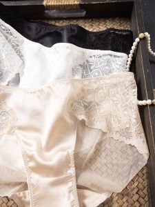 Comfortable Three-Color Mid-Waist Elastic Silken Briefs with Lace Trim Design Womens Underwear Silk Panties Spring 2025 New Arrival