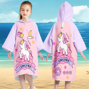 Cardigan Snap Button Kids Quick-Drying Bathrobe Male and Female Students Swimming Absorbent Towel Cloak Hooded Beach Seaside Bath Towel