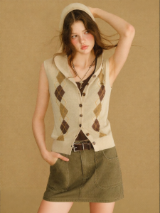 BANANA CICI | Áo Mô Hôi Không T Tay Có Mũ Trùm Đầu Chất Lanh Viscose Hình Kim Cương Retro